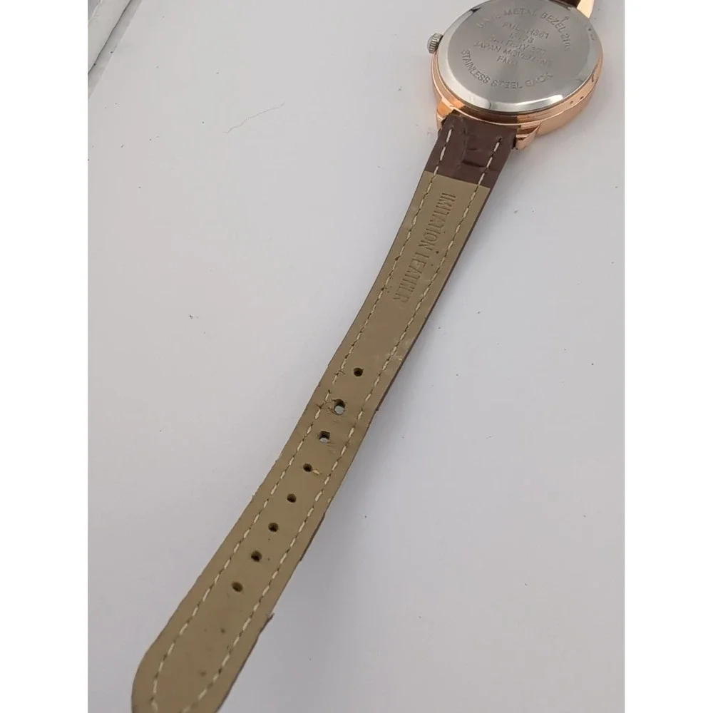 Women's Quartz Watch Rose Gold 28mm Case Brown Faux Leather Band- New Battery